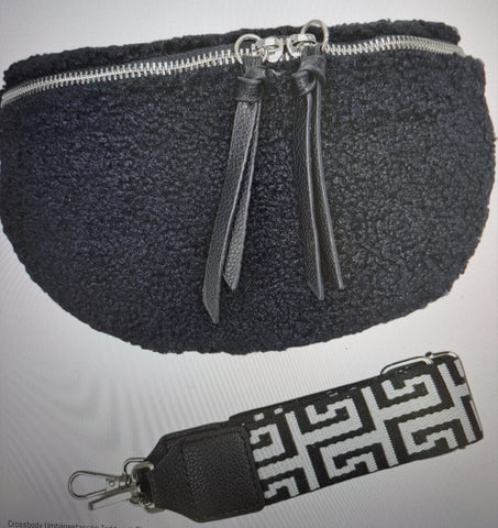 Crossbody-Bag, Umhängetasche, Bauchtasche, Teddyfell, klein, schwarz