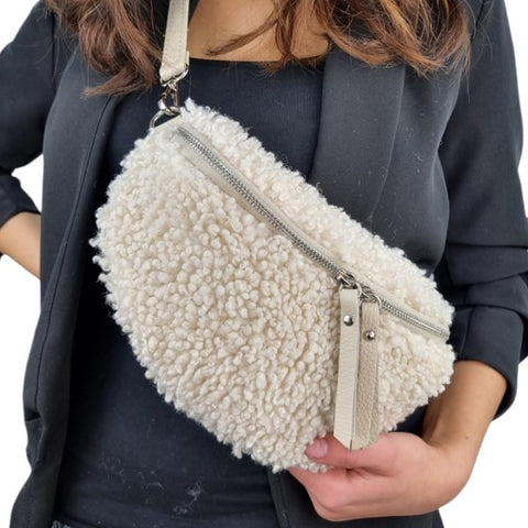 Crossbody-Bag, Umhängetasche, Bauchtasche, Teddyfell, creme